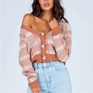 Princess Polly Caramel & White Plaid Long Sleeve Cropped Cardigan Sweater Medium